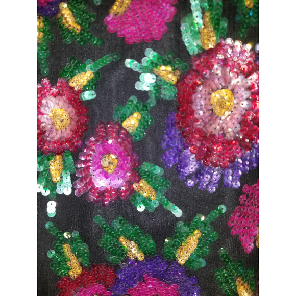 VINTAGE Womens Top-LAURENCE KAZAR-black/pink floral sequin/bead silk holiday -1X - Picture 5 of 6